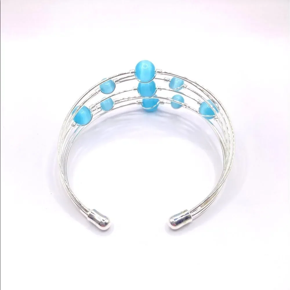 Silver Wire Blue Glass Bead Floating Cuff Bracelet